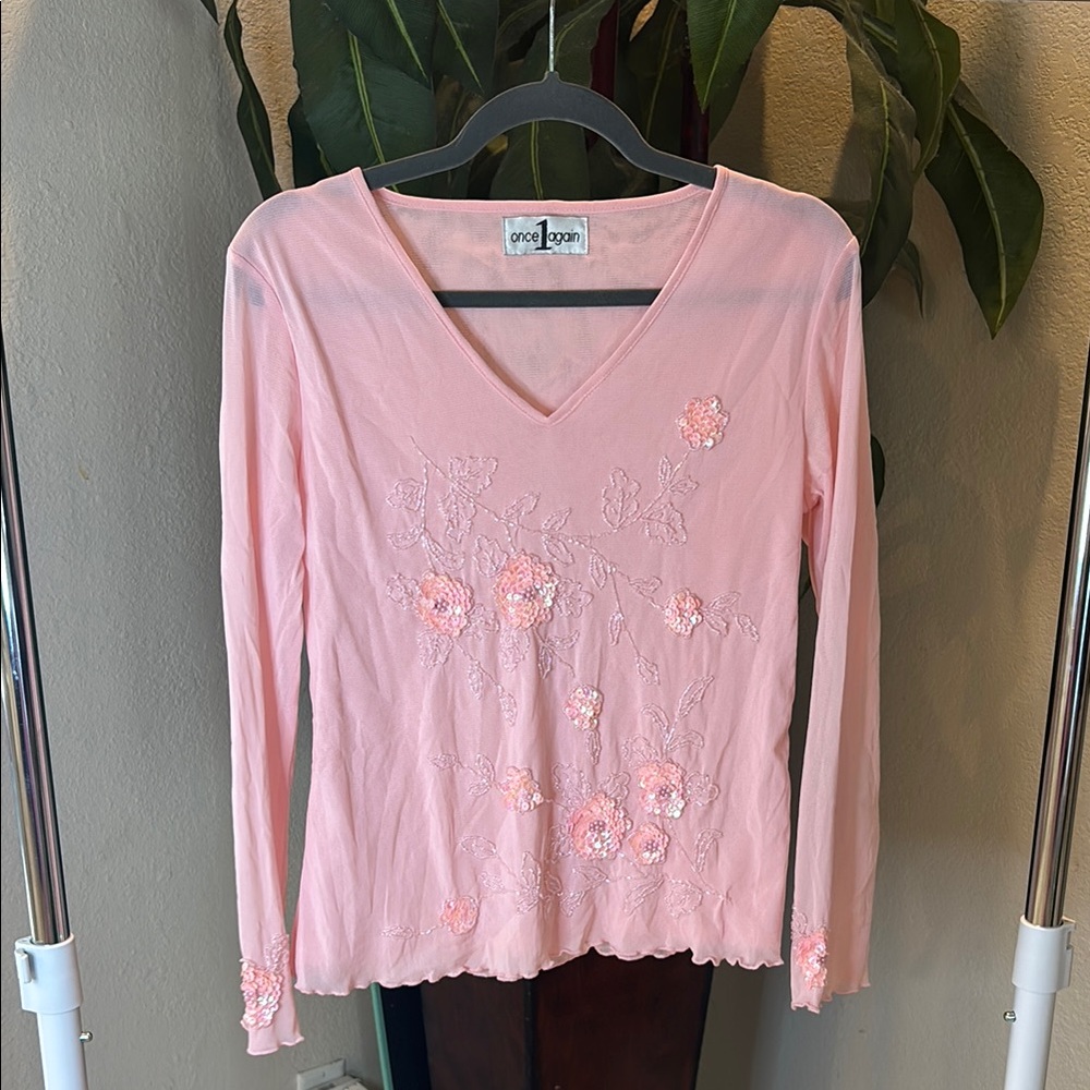 Pink Embellished Long Sleeve Blouse